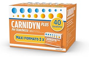 Carnidyn Plus Integratore Alimentare con Carnitina, Zinco e Vitamina B5, Supporto per Stanchezza Fisica, Mentale e Stress, 2 x 20 bustine, Gusto Arancia