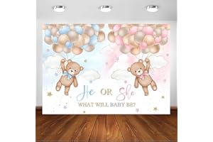 Avezano Sfondo fotografico a tema orso, con palloncini rosa e blu, per sesso e baby shower, decorazione per feste di nascita, 2,1 x 1,5 m