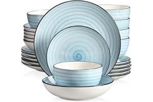 vancasso Bonbon Blue Dinner Set- 24 Pieces Stoneware Dinnerware Set, Handpainted Spirals Pattern Ceramic Combination Set with Dinner Plate/Dessert Plate/Pasta Bowl/Deep Bowl, Service for 6