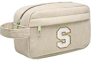 TOOZEN Trousse Maquillage Femme, Pochette Maquillage avec Initiale, Sac de Maquillage de Voyage Velours Côtelé Trousse de Toilette Cosmétique Cadeau d'anniversaire Noël Idéal pour Fille Amie Epouse Beige S