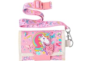 PinkSheep Kids Wallet for Girls Ages 4-18, Trifold Childs Purse with Letters, Novelty Wallet with Lanyard Zippered Coin Pocket Card Holders