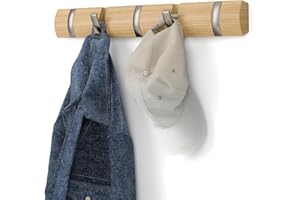 Umbra Flip 5-Hook Wall Mounted Coat Rack, Modern, Sleek, Space-Saving Coat Hanger with 5 Retractable Hooks to Hang Coats, Scarfs, Purses and More, Natural, Natur