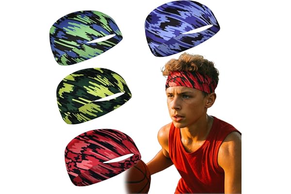 KIRZAX 4 st barnsportband, ventilerande svettband, elastiskt bandana-band, lämplig för löpning, cykling, träning, fotbollsträning med en boll