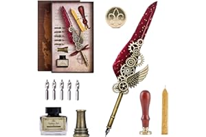 AOMAYLL Juego de caligrafía vintage, juego de tinta de pluma estilográfica,hecho a mano,con 5 plumas, soporte para bolígrafo de tinta, sello de cera,caja de regalo para vacaciones o cumpleaños