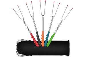 FishOaky Forchettone Barbecue, 5 Pezzi Set Spiedini Barbecue Allungabile 32cm-115cm in Acciaio Inox per BBQ Grill Campeggio Camping Falò Marshmallow
