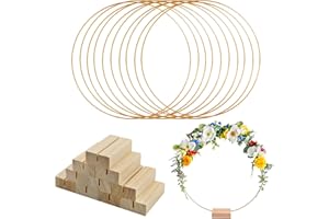GD HUA Lot de 10 anneaux en métal doré de 25 cm, avec support en bois, anneaux pour bricolage, couronne décorative à suspendre, anneaux décoratifs avec pied pour décoration de couronne, mariage, fête