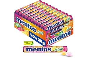 ‎MENTOS Mentos Fruit Dragees, Frucht-Bonbons mit Orange, Zitrone, Erdbeere, Kaubonbons mit fruchtigem Geschmack, Süßigkeiten Multipack (40 Rollen), vegan