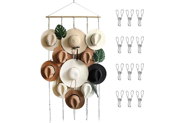 JOJOCY Väggställ för hatt, 12-klammare, hatförvaring, boho-hatthängare, Fedora-cowboyhatt, 155x80 cm