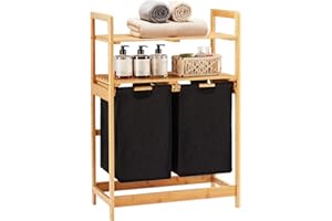 YOUDENOVA Kosz na pranie z bambusowego stelaża, kosz na pranie z 2 półkami z 2 wysuwanymi workami na pranie do sypialni, łazienki lub pralni, 93 x 64 x 33 cm, czarny