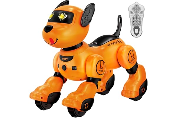 anysun Chien Robot, Jouet Chien Robot Rechargeable, Jouet Programmable avec Fonction Suiveur, Commandes Vocales, Télécommande, Détection Tactile, Cadeau de Noël Idéal pour Les Enfants (Jaune)