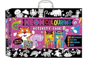 Bookoli - Neon Colouring Activity Case - Fun Activity Set for Kids - Arts and Crafts Gift for Kids Aged 6 to 9 Years - includes Animal Colouring and Activity Books, Pens and Over 100 Neon Stickers