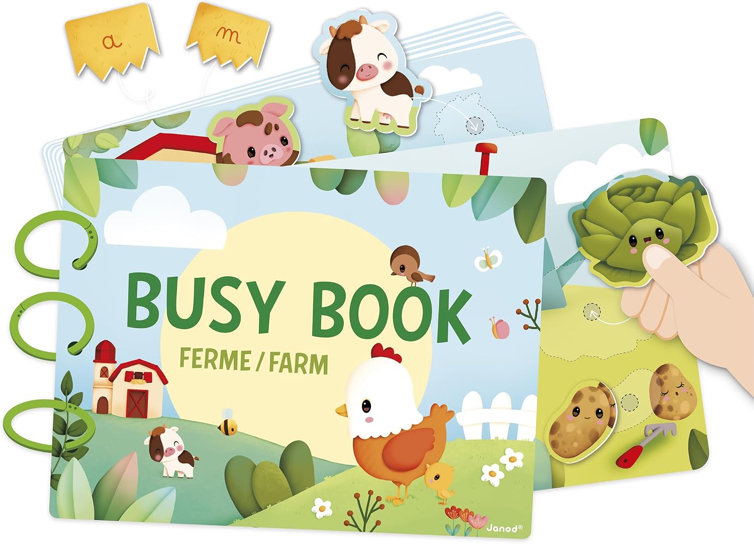 Janod - Libro de Actividades - Tema Granja - 18 páginas de Actividades a Partir de 3 años - Tablero de Actividades y Juguete Educativo para preescolares - Aprendizaje de números, Alfabeto, Animales…