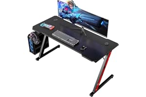 Homall Mesa Gaming 140 x 60 cm, Escritorio Gaming en Forma de Z Ergonómica, Mesa Gamer de Fibra de Carbono, Mesa para Ordenador con Portavasos y Gancho para Auriculares, Negro