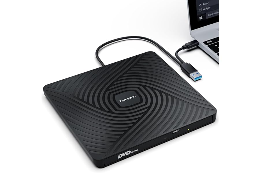 PeroBuno External CD DVD Drive, USB 3.0 Type-C Optical Drive, 0.5-inch Ultra-Slim Portable DVD CD ROM Disc Player Reader Writer Rewriter Burner Recorder for Laptop PC Macbook Windows Linux Mac OS