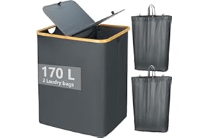 Graciadeco 190L Wäschekorb mit Deckel 2 Fächer Breit Herausnehmbaren Wäschesäcke - Wäschesortierer Faltbare Wäschebox Wäschetonne Wäschesammler mit Wäschetruhe Wäschekörbe Laundry Baskets