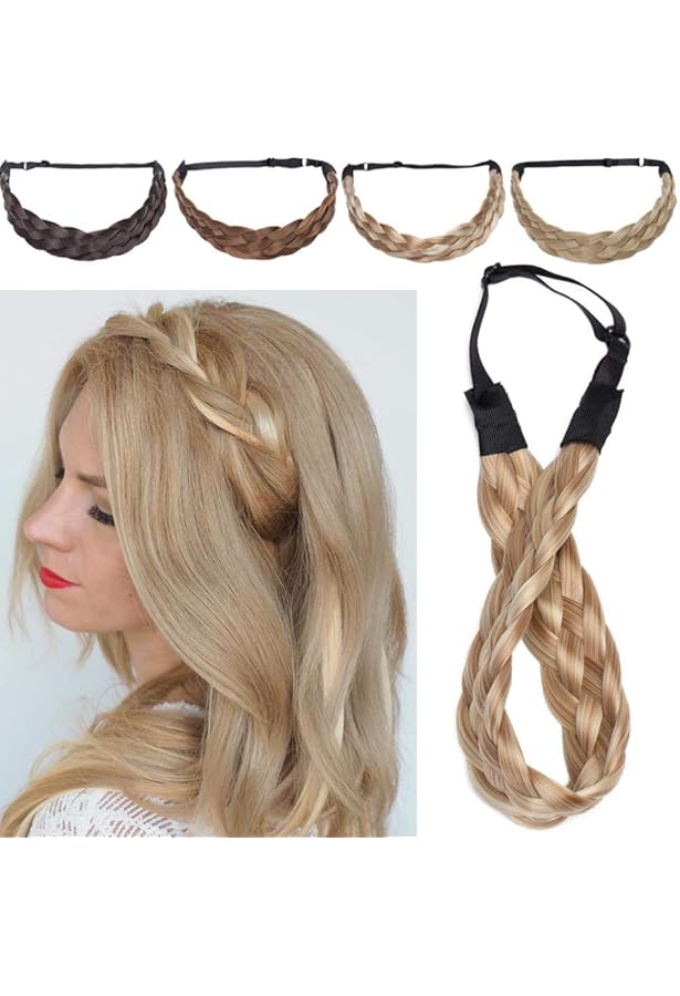 BOBIYA 5 Strand Synthetic Hair Braided Headband Classic Chunky Wide Plaited Braids Elastic Stretch Hairpiece For Women Girl (Sunset Brown