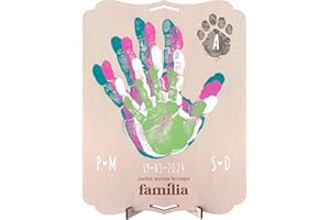 nagu® Familia. Marco Huellas Bebé Recién Nacido. Regalo de Madera 30x22cm, Espacio para Huella Bebe Pie y Manos o toda la Familia y Foto. Incluye Soporte y Kit de Letras para Nombres y Fechas