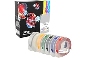 PRESTIGE CARTRIDGE Kit 7 Compatibili Rotoli bianco su nero rosso blu verde giallo trasparente argento 9mm x 3m Nastri a rilievo (plastica, autoadesive) per DYMO 3D Omega e Junior Goffratura macchina