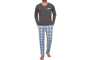 Demegimi Pijama Hombre Algodón Pijama de Invierno Hombre a Cuadros Ropa de Dormir Hombre Conjunto Pijama Hombre con Manga Larga y Pantalón Largo con Bolsillos
