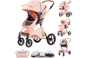 BEBBY Kinderwagen, Standard-Kinderwagen, Kinderwagen 3 in 1,Kinderwagen mit Faltbarem Tragbarem für Neugeborene aus Aluminium mit Beinabdeckung und Netz-H2-PINK