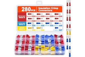 Druuzyl 280PCS Kit de Terminales Eléctricos, 15 Tipos Conectores Faston Macho/Hembra Aislados (2.8mm/4.8mm/6.3mm) – Juego de Crimpadoras para Cables, Automoción y Electrónica