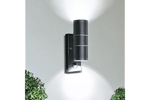 Unikcst Outdoor Wall Lights Mains Powered PIR Motion Sensor Up Down Outside Wall Lights IP44 Black 240V, Incl. 2X 5W LED GU10 Bulbs Cool White