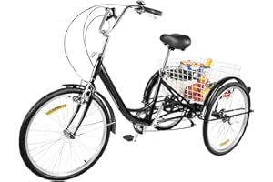 ACROSSPART Dreirad Fahrrad Trike Cruise Bike Schwarzes Dreirad mit Rutschfesten Verschleißfesten Rädern und Lampe 6 Gang Faltable Erwachsenendreirad Einkaufskorb Trike Dreiradpedal Fahrrad