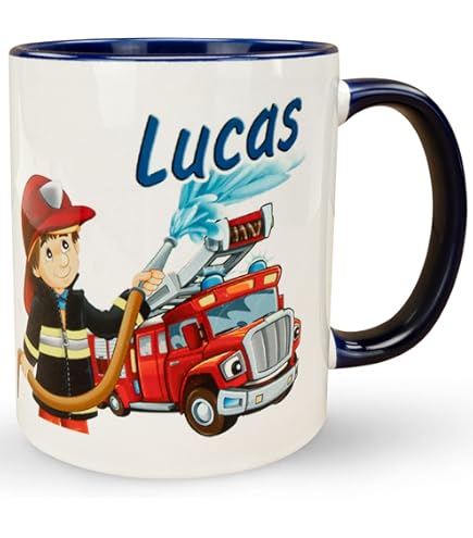 Emaille Tasse „Feuerwehrauto“ – 300 Ml, Weiß Mit Blauem Rand, Robust & Spülmaschinengeeignet