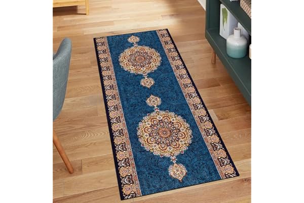 QQrunner Gångmatta, blå, halkfri, vintage, 50 x 150 cm, matta, löpare, korridor, tvättbar, köksmatta, metervara, lång, korridor, polyester, vardagsrum, smutsfångande matta