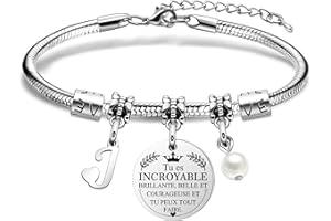 HEYEJET Bracelet Femme Lettre Initiale Personnalisé en Argent A-Z Lettre Bracelet avec Mots d'Inspiration Cadeau pour Femmes et Filles Cadeau Special pour vous Meme, pour vos Amis