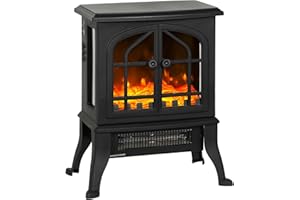 HOMCOM Chimenea Eléctrica de Pie, Chimenea Decorativa, 900/1800W, Efecto Llama 3D, 2 Niveles de Potencia, Termostato Ajustable, Ventanas Visibles, para 15-30 ㎡, Negro