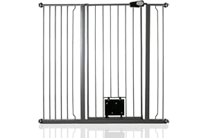 Bettacare Cancello per Animali con Sportello Bloccabile per Gatti, 113.8cm - 121.4cm, Grigio Ardesia, Altezza di 104cm, Barriera di Sicurezza Extra Alta per Cani con Sportello per Gatti