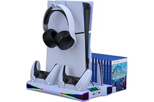BEBONCOOL GAMING PS5-Stand-Kühlstation für PS5/PS5 Slim, PS5-Zubehör, Vertikalständer mit Ultra-Lüfter und Buntem Licht, Headset-Halterung