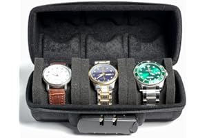 MATGEUT Watch travel Case -Hard Travel Watch Travel Case, hard watch box Storage Organizer and Display fit large&small watches (black with code lock, 3 slots)