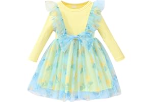 Qiraoxy Vestido acanalado de manga larga con volantes de mariposa de tul con lazo, vestido casual de princesa para niñas de 1 a 6 años