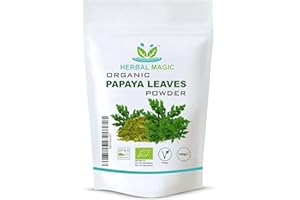 Herbal Magic's Organic Papaya Leaf Powder (Carica Papaya)-Green & Whole Leaves - Most Prized Herb in Ayurveda - Ideal for Smoothies, Baking, soups - Free from Fillers & Preservatives-100gms