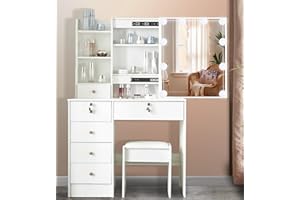 TOPHEHAN Dressing Table with LED Lights, White Vanity Makeup Table Set with Mirror and Stool, Modern Cosmetic Bedroom Dresser Make up Desk with Drawers and Shelves Storage Unit for Girls (Modern 05UK)