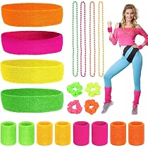 Set 9 Pièces Bandeaux & Serre-Poignets Fluos - Couleurs Néon - Anti-transpiration - Pour Sport, Fitness, Fêtes Années 80 - 10