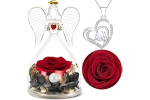 Yamonic Rose Eternelle avec Collier d'amour,Cadeau Femme original,Cadeau Maman,Ange en Verre avec Lumières LED,Idee Cadeau Femme,Cadeau Anniversaire Femme,Cadeau Saint-Valentin Femme,Cadeau Noël,Rouge