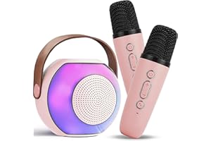 Aplsinvivi Mini Karaoke Machine, Portable Bluetooth Speaker with 2 Wireless Microphone, Microphone with 5 Voice Changing Effects & LED Light, Gifts for Girls Ages 4-12 +Year Old Birthday Party, Pink