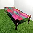 FURNWEAVE Solid Sheesham Wood Handmade Rajasthani Charpai | Cotton Rope Khatiya Charpai Single Bed Without Storage| Wooden Cot Bed | Khatiya-Khaat| 6X3 Feet, Color - Colorful (Purple-Multi)