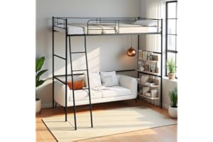 DORAFAIR Cama Alta 90x200 cm de Metal para Jóvenes y Adultos con Escalera, Cama Individual con Base de Lamas, Barandillas de Seguridad y Espacio Libre Debajo, Negro