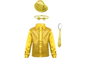 inhzoy Enfant Garçon Fille Chemise Paillette avec Chapeau Sequins Brillant Costume Danse Moderne Jazz Vêtements Danse Hip-hop Disco Performance Déguisement 4-14 Ans