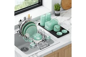 Aufworld Égouttoir de Sèche-Vaisselle Extensible en Acier Inoxydable 304, avec Plateau de Séchage en Silicone, Support Ustensiles et Adaptable aux Éviers de 35 à 48 cm (SS304 + Extensible)