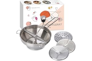 Wenburg Młynek do żywności ze stali nierdzewnej z 3 wkładkami sitka, nadaje się do mycia w zmywarce, sitko do odcedzania owoców i warzyw (19,5 cm)
