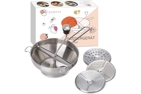 Wenburg Moulin a Legumes Manuel - Moulin à Légumes en Acier Inoxydable avec 3 Couches de Tamis - Convient pour le Lave-Vaisselle - Passeur pour Passer les Fruits & Légumes (19,5 cm)