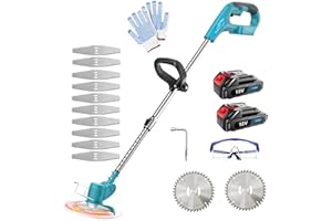 SQUAELTIRS Akku Rasentrimmer mit 2 x 3.0AH Akku, Ersatz für 18V BL1850,10 Metallklinge,2X Kreissägeblätter, 90° drehbarer,Verstellbarer Teleskop-Führungsholm, für Rasenschneiden Rasenpflege
