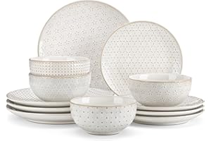 MALACASA 12 Piece Dinner Set for 4, Plates and Bowls Sets 12 Pieces, Embossed Stoneware Dinnerware Sets, Ceramic Dinner Sets, Dishwasher Safe, Series Lydia
