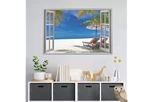 ANHUIB 3D Strand Wandaufkleber,Strand Palme Fensterblick Aufkleber,Sommer Poster,Moderne Aufkleber für Wohnzimmer,3D Durchbruch Wandaufkleber für Wohnzimmer Schlafzimmer Küche Flur Bad Deko,90x60 cm