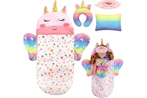 TAIMEIMAO Licorne Sac de Couchage Poupee avec Masque pour les Yeux, Oreiller en forme de U et Oreiller Carré Sac de Couchage Pliable Poupées pour Poupées de 25 à 38 cm Cadeau d'anniversaire pour Filles